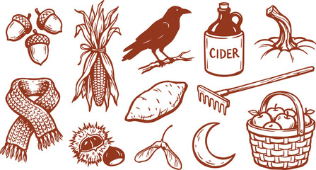 Obraz premium autumn harvest hand drawn vector icon set