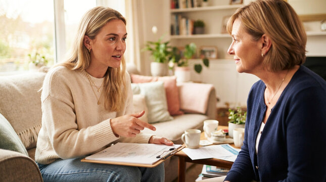 Young woman explains financial documents to an older female friend indoors