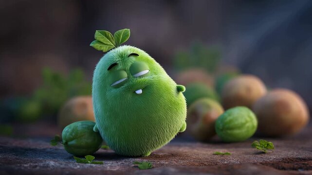 Cute green character with eyes and a leaf on its head surrounded by small fruits in a colorful setting