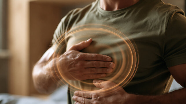 Man practicing diaphragmatic breathing technique with glowing orange energy circles visualizing heart coherence and stress relief