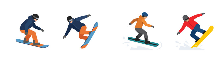 Flat vector illustration set of athletic people snowboarding in winter clothing performing jumps and tricks on snow © Haris Lost