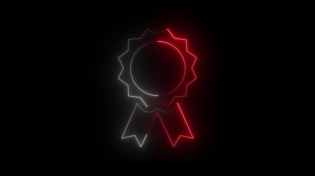 Neon white and red color Ribbon Award Icon on Black Background. Neon badge medal icon.