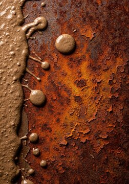 A close-up view of thick brown mud splattered over a heavily corroded and rusty metal surface with textured layers of orange oxidation, mud, corrosion, abstract