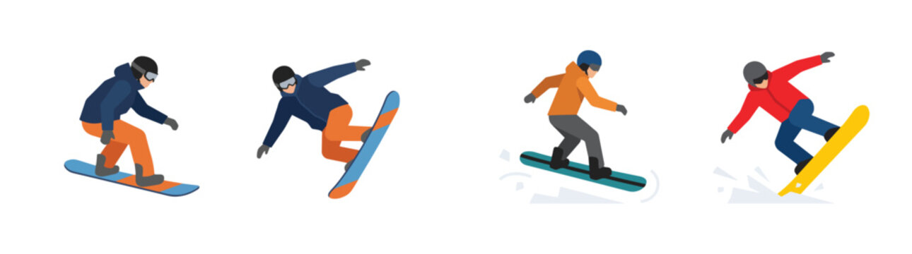 Flat vector illustration set of athletic people snowboarding in winter clothing performing jumps and tricks on snow