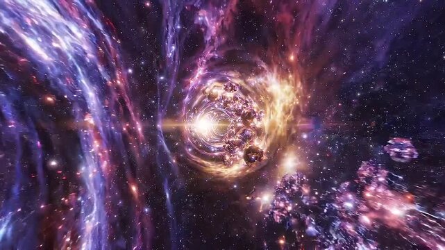 Spiral galaxy vortex glows in deep space with swirling nebula clouds, bright star core, drifting asteroids, radiant cosmic light trails, faint dust specks, wide dark background across frame