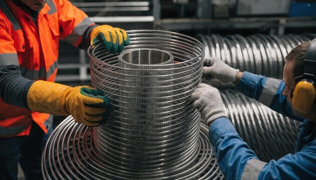 Industrial medium shot capturing dense spacing of baffles being installed on a tube bundle core highlighting closeup manual assembly in a manufacturing setting.