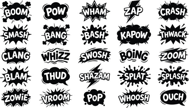 Collection of comic book sound effects in various styles for creative projects