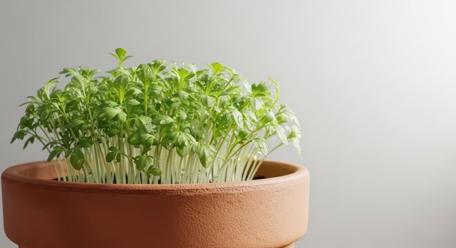 Vibrant green garden cress seedlings growing in a rustic terracotta pot with morning dew droplets, captured in bright natural daylight, herb, background, macro