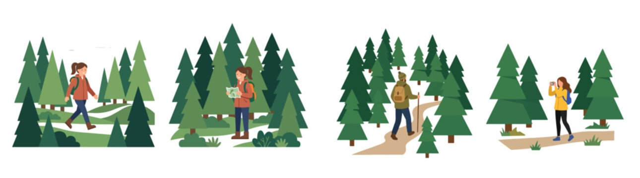 People hiking in forest flat vector illustration set with active characters walking trekking and taking photos in nature outdoors