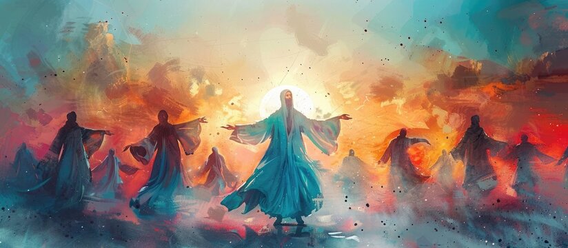 Whirling Dervishes in Green Robes Minimal Artistic Panorama