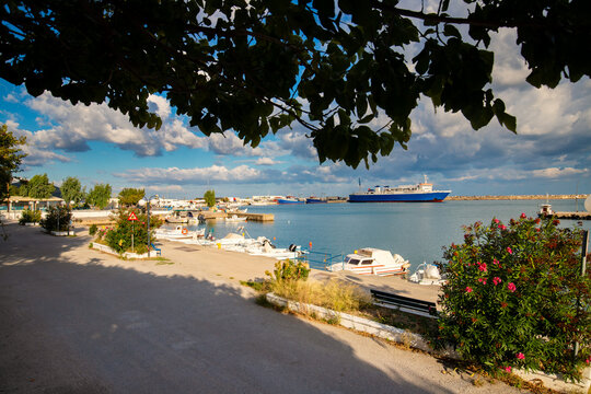Picturesque views of the Greek island of Euboea. View of the sea and blue sky with fantastic clouds.