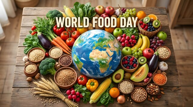 Globe surrounded by fresh vegetables, fruits, and grains on wooden table