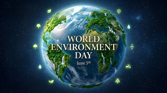 Environment day globe with lush green forests, waterfalls, and glowing eco