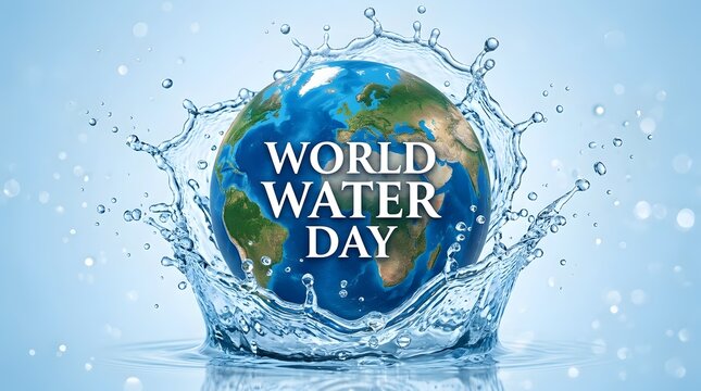Water day text over a blue globe surrounded by a crystal clear water splash