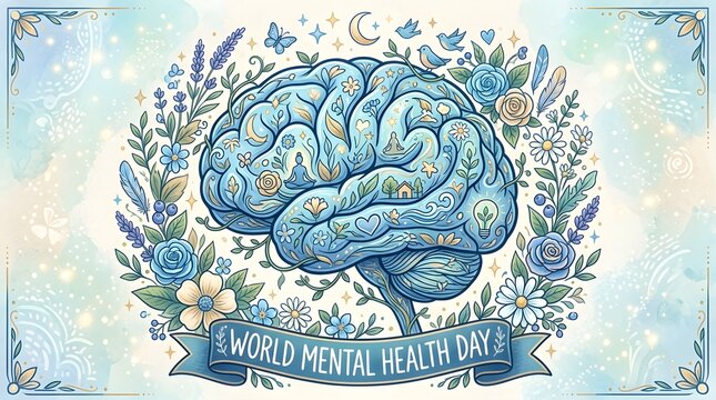 Human brain with floral motifs and mental health day banner