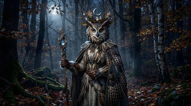 Forest owl guardian in feathered costume holding a glowing staff