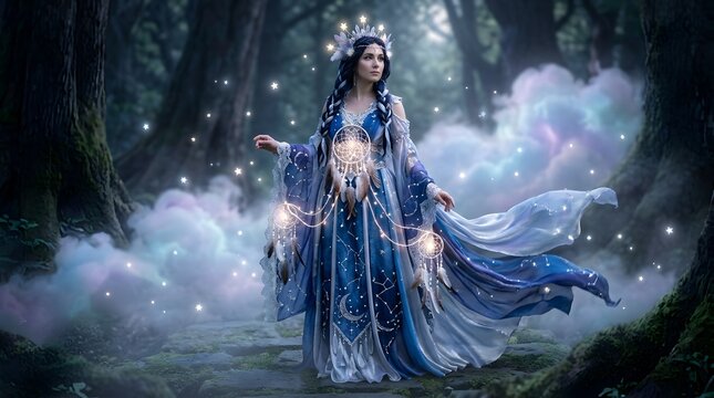Woman in celestial Dreamweaver gown with glowing orbs in misty forest