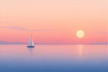 Naklejka premium A sailboat moves slowly across the water during sunset. The sun hangs low in the sky, casting orange and pink colors over the scene. The water is smooth and reflects the light.