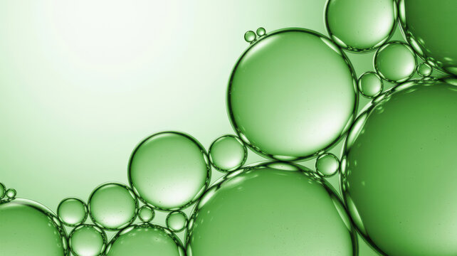 Abstract green oil bubbles floating in liquid medium macro shot representing science nature.