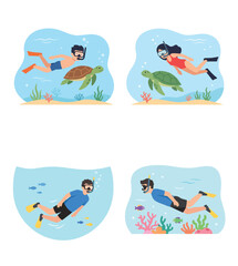 Naklejka premium Illustration of people snorkeling with sea turtles and exploring coral reefs, depicting underwater exploration and marine life encounters