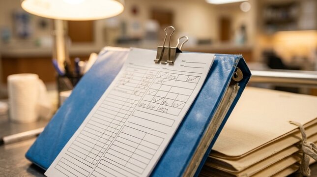 Discharge Checklist Pinned above a Rolling Cart beside a Folded Patient Information Leaflet
