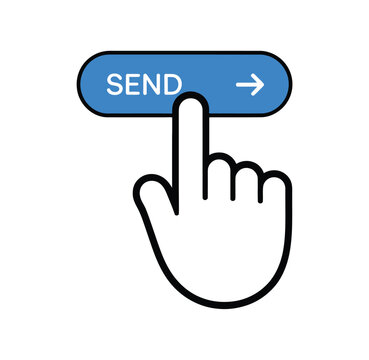 Send button hand click icon, finger pressing blue submit button with arrow symbol for mobile application, website and user interface design.
