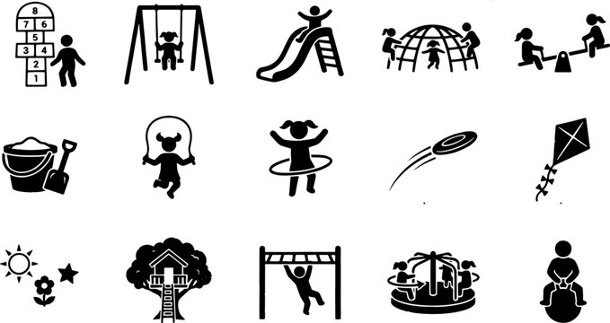 Collection of various black silhouette icons depicting children playing on playground equipment and having fun outdoors