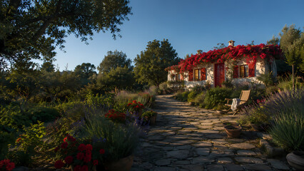Obraz premium Elegant Mediterranean Home Surrounded by Red Flowers, Green Plants and Ancient Stone Paving