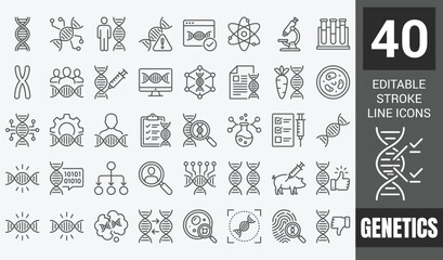 Genetics web icons in line style editable stroke. Chromosome, DNA, experiments, genome, genetic, biology, collection. Editable stroke. Vector illustration. © Zilkasun