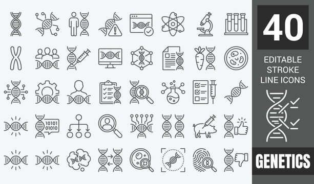 Genetics web icons in line style editable stroke. Chromosome, DNA, experiments, genome, genetic, biology, collection. Editable stroke. Vector illustration.