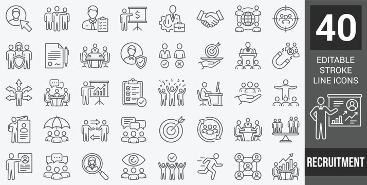 Recruitment web icons in line style. Headhunting, career, resume, work group, candidate, job hiring, collection. Editable stroke. Vector illustration.