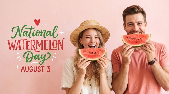 Smiling man and woman holding slices of fresh watermelon in front of their faces against a light pink background with text reading national watermelon day august 3 and a small red heart