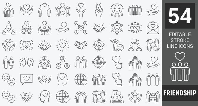 Friendship web icons in line style. Interaction, friend, relationship, mutual assistance, social responsibility, buddy, love, collection. Editable stroke.  Vector illustration.