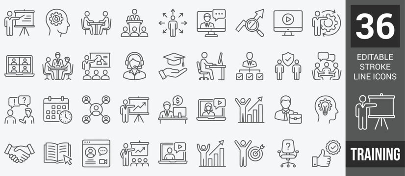 Training web icons in line style. Education, seminar, online test, webinar, course, distance learning collection. Editable stroke. Vector illustration.