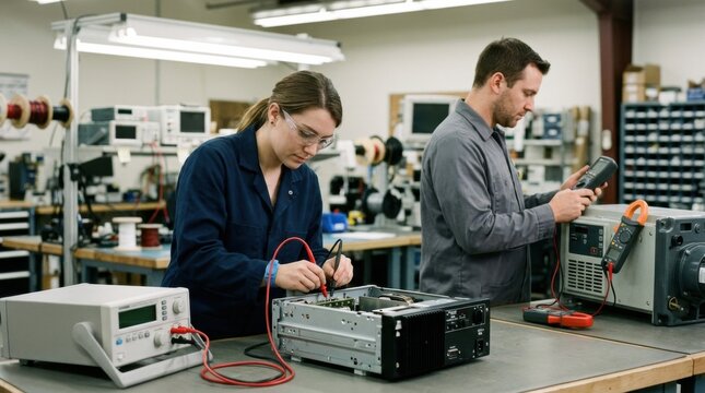 Engineer performing hipot test on electronic device ensuring highvoltage insulation integrity for safe operation and preventing electrical faults. Technician measuring leakage