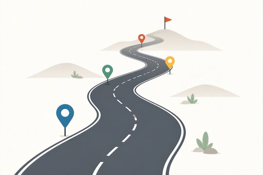 A long road curves through a desert scene. Colorful markers line the sides, and a small flag stands at the end. The sun shines brightly in the sky.