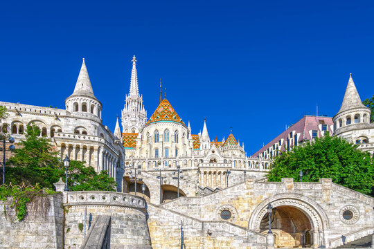 Matthias Church and Fisherman's Bastion, Gothic cathedral with a colorful tiled roof in Budapest, Hungary
