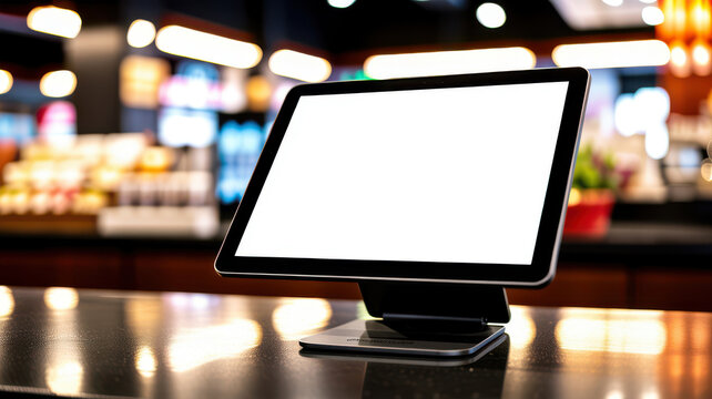 Tablet computer with blank screen on counter in blurry cafe background.