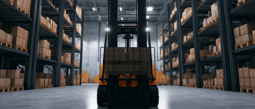 Forklift moves boxes in a large warehouse during daylight hours