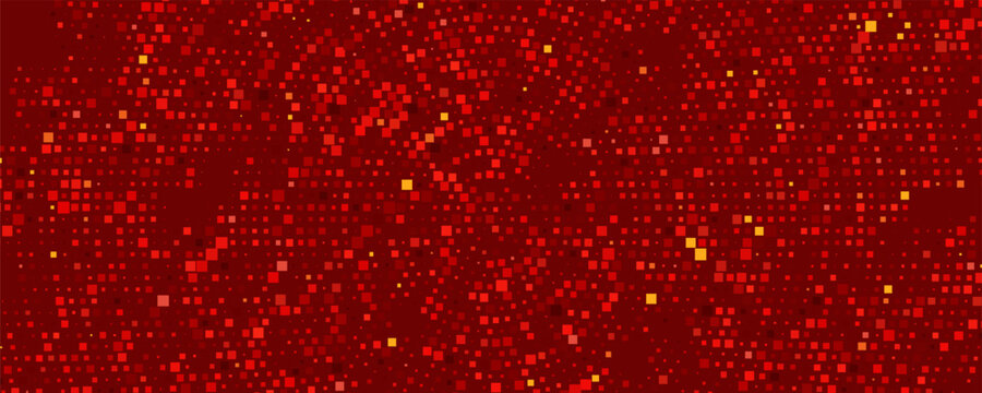 Red disco ball mosaic vector background. Radial circular pattern of red square tiles with glowing sparkles, symbolizing party, dance, glitter, neon club, and festive event backdrop.