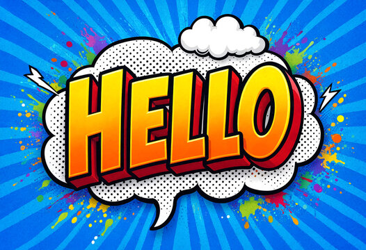 Colorful comic book style hello text with explosion effect in vibrant pop art design