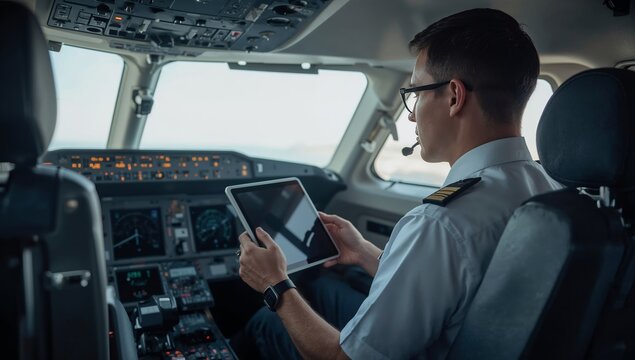 Pilot Uses Tablet for Navigation Inside Cockpit During Flight Preparation