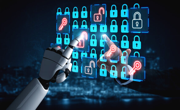 Futuristic Robotic Hand Interacting with Virtual Security Interface Featuring Digital Locks and Keys in Cybersecurity Concept. Entropy.