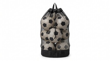 A black mesh bag filled with multiple soccer balls. The bag is designed for easy carrying and storage of sports equipment