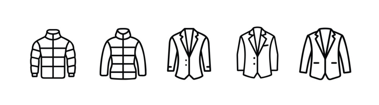 Outerwear jackets and formal blazers line icons set, formal business suit jacket, winter puffer jacket, classic blazer & more vector illustration with editable stroke