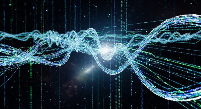An intricate, luminous, digital energy wave pulsates with vibrant blue and green particles, suggesting the flow of data and the complexity of a cosmic network in a vast expanse