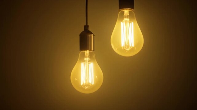 Two glowing Edison filament light bulbs hanging in a dark room with warm yellow light Edison bulb incandescent