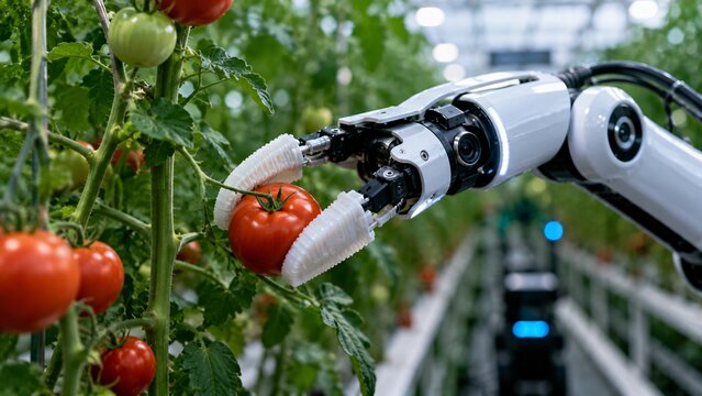 Advanced robotic arm picking a ripe red tomato in a high-tech commercial greenhouse