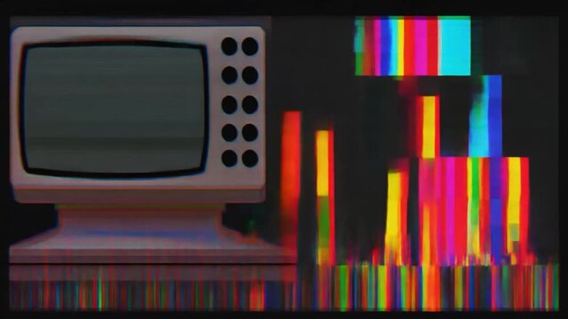 Vintage Television Screen Showing Static and Colorful Glitch Bars with Retro Design Keywords: television, TV, vintage, retro, old, analog, screen, display, static, noise, glitch