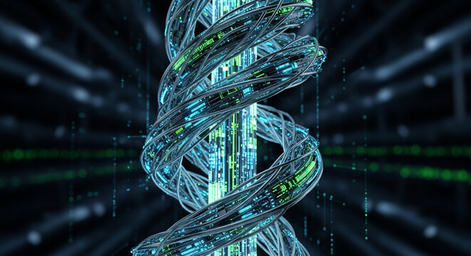 Intricate digital helix structure, representing genetic code and data transmission, glows with vibrant blue and green circuitry within a futuristic, abstract technology environment